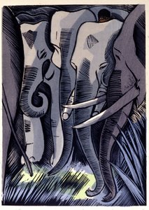 Mogli elefántok hátán bújik. Rudyard Kipling „A dzsungel könyve” alkotó: Pierre Falke