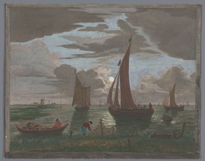 Kilátás a tengerpartra, hajókkal és csónakokkal a vízen a holdfényben 1er. Clair de lune (cím a tárgyon) alkotó: Pierre François Basan