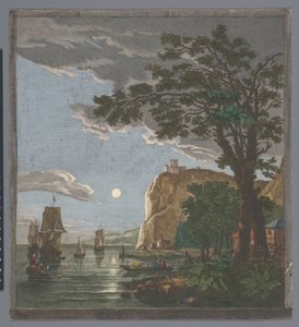 Kilátás a tengerpartra, hajókkal és csónakokkal a vízen a holdfényben La pleine lune (cím a tárgyon) alkotó: Pierre François Basan