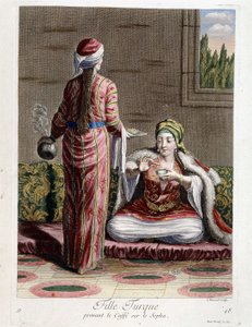 Török lány kávézik a kanapén, „100 levente különböző nemzeteit ábrázoló gyűjtemény 1707-ben és 1708-ban”” M. de Frriol, a király portai nagykövetének parancsára, és 1712-1313-ban a gondosság frissítette. M. Le Hay, Basan engra