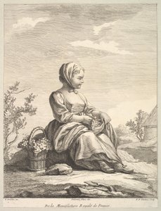 Szőlőt tartó kislány, oldalán kosárral, a Deuxième Livre de...-ből, 1757 után.