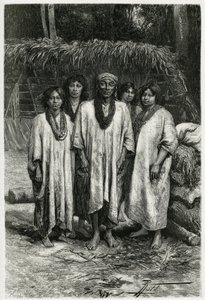 Chief Lacandon és Lacandon típusok, Maya emberek, akik Chiapas (Mexikó) dzsungelében élnek. P. Fritel metszet, a „” Utazás Yucatánba és a Lacandonok földjére” című történet illusztrálására 1882-ben, Desire Charnay (1828-1915) régész és fotós