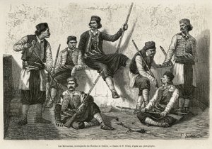 A Krivosciánusok, a Bouches de Cattaro (vagy Kotori öböl, Montenegró nyugati partján fekvő öböl) hegymászói fegyverek, hogy ellenálljanak az osztrák csapatok betolakodó erejének. Metszet P. Fritel rajza után, a dalmáciai utazás illusztrálására, C.