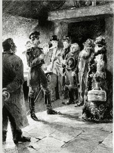 Egy német tiszt Boulle de tallow-t kéri cserébe az összes utas szabadságáért, akiket letartóztattak a szorgalom során. Guy de Maupassant (1850-1893) "" Faggyúgolyó" -ban. Illusztráció: P. G. Jeanniot (1848-1934). Megjelent Ollendorff i alkotó: Pierre Georges Jeanniot