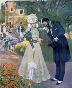 Belle epoque: „Kézi szex”: egy férfi fogadáson egy nőt köszön. Jeanniot-illusztráció a „” Le Figaro illustrious”-hoz. A 20. század eleje Párizs, Dekoratív művészetek