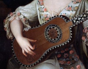 Gitár, Mademoiselle de Charolais (1695-1758) portréjának részlete, Pierre Gobert (1662-1744) festménye. Franciaország
