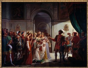 I. Ferenc (1494-1547) felfegyverzett lovag, unokája II. Francois (1544-1560). Az ifjú herceget szülei II. Henrik (1519-1559) és Medici Katalin (Caterina de Medici) (1519-1589) kísérik. Pierre Henri Revoil (1776-1842) festménye