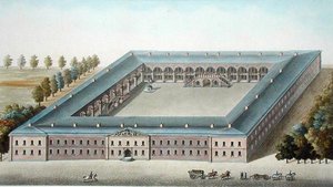 Gyalogsági laktanya Ypres-ben, Pierre Jacques Goetghebuer „A Holland Királyság legkiemelkedőbb műemlékei, épületei és házai” című művéből, W. Lobry (szül. 1774) metszetével, 1827-ben (akvatinta)