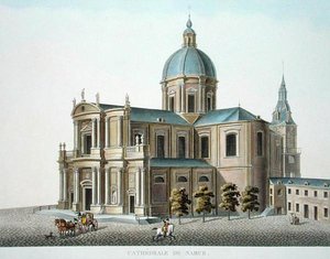 A namuri katedrális, Pierre Jacques Goetghebuer "Choix des Monuments, Edifices et Maisons les plus remarquables du Royaume des Pays-Bas" című művéből, 1827-ben megjelent (akvatinta). alkotó: Pierre Jacques Goetghebuer