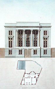 Ház Gentben, Belgiumban, Pierre Jacques Goetghebuer „Válogatás a Holland Királyság legkiemelkedőbb műemlékeiből, épületeiből és házaiból”, 1827-ben (akvatinta)
