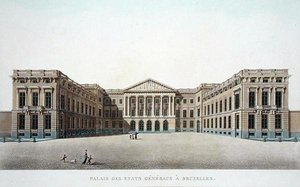 A brüsszeli Főtanácsok palotája, Pierre Jacques Goetghebuer "Choix des Monuments, Edifices et Maisons les plus remarquables du Royaume des Pays-Bas" című művéből, 1827-ben megjelent (akvatinta). alkotó: Pierre Jacques Goetghebuer