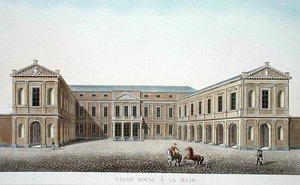 Palais Royal, Hága, Pierre Jacques Goetghebuer „Válogatás a Holland Királyság legkiemelkedőbb műemlékeiből, épületeiből és házaiból”, 1827-ben (akvatinta) alkotó: Pierre Jacques Goetghebuer