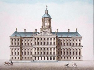 Az amszterdami királyi palota, Pierre Jacques Goetghebuer „Válogatás a Holland Királyság legkiemelkedőbb műemlékeiből, épületeiből és házaiból”, 1827-ben (akvatinta) alkotó: Pierre Jacques Goetghebuer