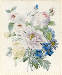 Egy csokor virág, köztük bazsarózsa, rózsa, hibiszkusz, őszirózsa, encián és egy képzeletbeli kék pillangó (grafit és wc gumiarábikum nyomokkal, grafiton a pergamen)