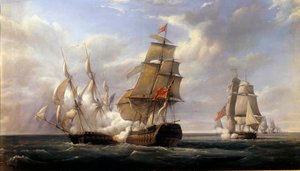 A La Canonniere francia fregatt csatája”” a „” Le Tremendous” angol hajó ellen” le 1806.04.21.”” Pierre Gilbert (1783-1860) festménye 1832 V. 0,93x1,71 m