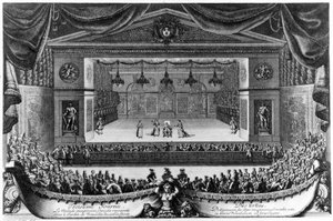 Harmadik nap: Le Malade imaginaire (Molière), vígjáték a Versailles-i kertben, a barlang előtt 1676-ban, Pierre Lepautre (1660-1744) metszete