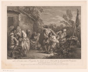 Ragotin gevlucht in een rozenstruik A sors kirántja Ragotint a rózsabokorból, amelybe belevetette magát, miközben a halottnak hitt La Rancune-ból menekült. Jelenetek Roman Comique van Scarrontól (sorozat címe) alkotó: Pierre Louis Surugue