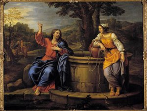Jézus és a szamaritánus A pihenni ülő Jézus találkozik egy szamaritánussal, aki vizet meríteni jött, és inni kér. Pierre Mignard (1612-1695) festménye, 17. századi Raleigh, Művészeti Múzeum alkotó: Pierre Mignard