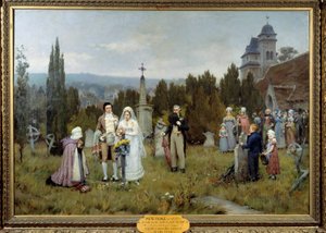 Piete leányvállalata, a Wedding Scene, a fiatal menyasszonyok az egyik fiatal menyasszony elhunyt édesapjának sírján gyűlnek össze. Pierre Otin (1840-1899) festménye XIX. Fecamp, művészeti múzeumi központ alkotó: Pierre Outin