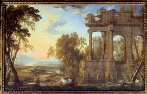Táj romokkal és pásztorokkal Pierre Patel the Pere festménye (1605-1676) 17. századi nap. 0,53x0,83 m