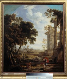 Mózes a homok alá temette azt az egyiptomit, akit megölt, Mózes megölte azt az egyiptomit, aki megütött egy hébert. Pierre Patel, az Atya festménye (1605-1676). Homályos. 0,94x0,84 m. 17. század.