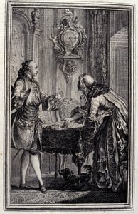 Le Gascon megbüntette – Jean La Fontaine „” Mesék és novellák versben” című részében. 1776. Illusztráció: P. P. Choffard. alkotó: Pierre Philippe Choffard