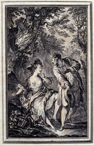 Az egyik az ígéret, a másik a betartás. Jean de La Fontaine „Tales et nouvelles en vers” című művében, Amszterdam 1776. illusztrálta: P.P.Choffard. alkotó: Pierre Philippe Choffard