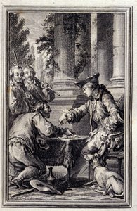 Mese egy parasztról, aki megbántotta Urát – Jean La Fontaine „Mesék és hírek versben” című könyvében. 1776. Illusztráció: P.P. Choffard. alkotó: Pierre Philippe Choffard