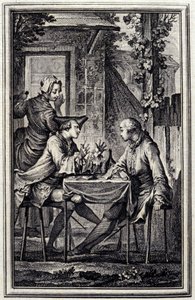 a fültanár vagy a kagylós raccomoder. Jean de La Fontaine "Tales et nouvelles en vers" című művében, Amszterdam 1776. illusztrálta P.P.Choffard.