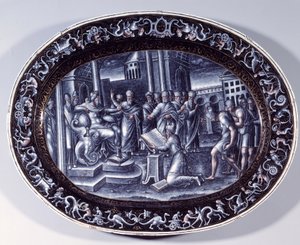 Saphan térdelve olvassa Josiast, a Livres de la Loi Plat e-mailt Pierre Reymond arannyal díszítve (aktív 1537 és 1584 között) 1578 Paris, Musee du Louvre