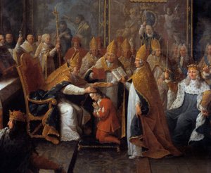 XV. Lajos király (1710-1774) megkoronázását 1722.10.25-én a reimsi katedrálisban koronázta meg és szentelte meg a Reims-i Archeveque a régens, Orléans hercege (1674-1723) jelenlétében. nagy tömeg. Pierre Sub festményének részlete