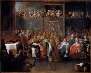 XV. Lajos király (1710-1774) megkoronázását 1722.10.25-én a reimsi katedrálisban koronázta meg és szentelte meg a Reims-i Archeveque a régens, Orléans hercege (1674-1723) jelenlétében. nagy tömeg. Pierre Subleyras festménye (16