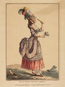 Polonéz ruha drapírozott szoknyával. A Gallerie des Modes et Costumes Francais-ból, 1778