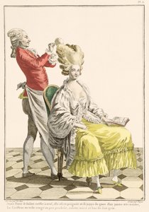Fiatal nő peignoirban a fodrászával, 31. tábla a "Galerie des Modes et Costumes Francais"-ból, Dupin metszete, 1778. alkotó: Pierre Thomas Le Clerc