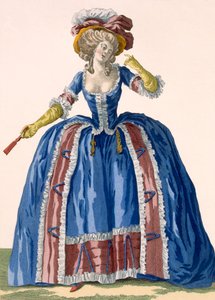 Angol stílusú karikás ruha, elektromos kék színben, bordó rojtos szegéllyel, Bacquoy metszete, 182. sz. tányér a "Galeries des Modes et Costumes Francais", 1778-87 körüli 99:clothing;