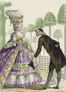 Lila ruhás hölgy sétány a Palais Royal kertjében, a „Galerie des Modes et Costumes Francais” 13. táblája, metszett Etienne Claude Voysard (1746-1812) 1778 alkotó: Pierre Thomas Le Clerc