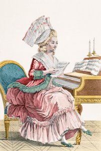 Fiatal nő zenét tanul a csembalójánál, J. Pelicier metszete, 149. tábla a "Galerie des Modes et Costumes Francais" című műből.
