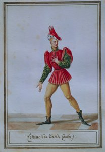 VII. Károly (1403-1461) korabeli jelmezét ábrázoló férfi divattányér, Pierre Antoine Leboux de La Mesangere (1761-1831), akvarell