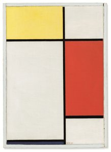 Összetétel: Sárga, piros és kék színnel. alkotó: Piet Mondrian