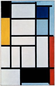 Összetétel piros, fekete, sárga, kék és szürke színekkel alkotó: Piet Mondrian