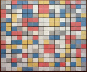 Összetétel ráccsal 9; Sakktábla élénk színekkel alkotó: Piet Mondrian