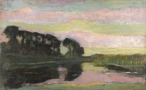 Folyami táj rózsaszín és sárgászöld égbolttal, kb. 1907-1908. alkotó: Piet Mondrian