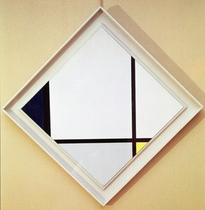 I. számú tábla: pasztilla három vonallal és kék, szürke és sárga színnel alkotó: Piet Mondrian