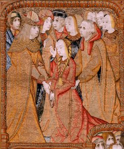 Flamand kárpit. Az anya diadalai vagy a Paños de Oro sorozat. Isten küldje el Gábriel arkangyalt (Dios envía al Arcángel Gabriel). A sorozat első gobelinje. Colin de Cooter modell(?). Gyártás Pieter van Aelst (vagy van Edingen), Brüsszel. Ca1500-1502. F