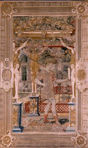 Flamand kárpit. Sorozatok Vertumnus és Pomona.Vertumnus átalakult gazdálkodóvá. A sorozat második kárpitja. Bal oldali rész Daphne átalakulása. Pieter Coecke van Aelst modellköre. Gyártás Wilhelm Pannemaker, Brüsszel. 1545-1550 körül. Fabri