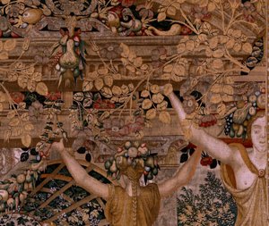 Flamand kárpit. Sorozatok Vertumnus és Pomona.Vertumnus átalakult gazdálkodóvá. A sorozat második kárpitja. Jobb oldali rész a Mirha nimfa átalakulása. Pieter Coecke van Aelst modellköre. Gyártás Wilhelm Pannemaker, Brüsszel. kb 1545-