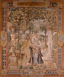 Flamand kárpit. Vertumnus és Pomona sorozat. Vertumnus megcsókolja Pomonát. A sorozat hetedik kárpitja. Pieter Coecke van Aelst modellköre. Gyártás Wilhelm Pannemaker, Brüsszel. 1545-1550 körül. Szövet Arany, ezüst, selyem és gyapjú. Mérete 430 x 365 cm.
