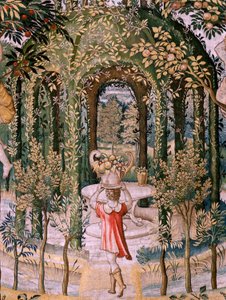 Flamand kárpit. Sorozat Vertumnus és Pomona; A Vertumnus kertészvé alakult át (Vertumno transformado en jardinero). A sorozat ötödik kárpitja. Pieter Coecke Van Aelst és Léonard Thiry modellköre. Gyártás Ismeretlen műhely, Brüsszel, befo