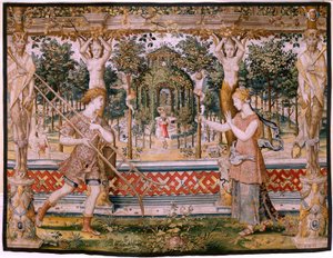 Flamand kárpit. Sorozat Vertumnus és Pomona; A Vertumnus kertészvé alakult át (Vertumno transformado en jardinero). A sorozat ötödik kárpitja. Pieter Coecke Van Aelst és Léonard Thiry modellköre. Gyártás Ismeretlen műhely, Brüsszel, befo