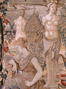 Flamand kárpit. Vertumnus és Pomona sorozat. Vertumnus idős asszonnyá változott. Vertumnus idős asszonnyá változott. A sorozat hatodik kárpitja. Pieter Coecke van Aelst modellköre. Gyártás Wilhelm Pannemaker, Brüsszel. 1545-1550 körül.